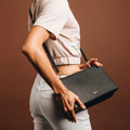 KYT Diabetes Bags – woman wearing SideKYT+ leather crossbody handbag